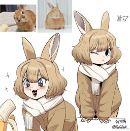 5_fingers banana blue_eyes blush bob_cut clothed clothed_female clothed_humanoid clothing coat comparison creature_and_personification eyebrow_through_hair eyebrows eyelashes female female_humanoid feral fingers food fruit hair happy humanoidized one_eye_closed open_mouth photo_reference plant pupils real reference_inset scarf sparkles sparkling_eyes tan_hair topwear translucent translucent_hair wink gegegekman animal_humanoid humanoid lagomorph lagomorph_humanoid leporid leporid_humanoid mammal mammal_humanoid rabbit rabbit_humanoid 2025 absurd_res hi_res reference_image