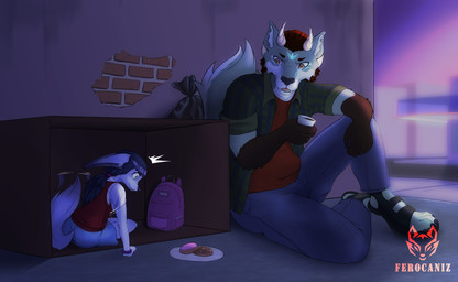 alley anthro backpack bag beverage box bread cardboard cardboard_box clothing coffee container duo female food fur fur_markings grey_body grey_fur homeless horn male male/female markings school_uniform sitting sunrise trash_bag uniform white_body white_fur young ferocaniz alex_feniz_(ferocaniz) toko_errante_(ferocaniz) canid canine canis fennec_fox fox hybrid mammal true_fox wolf absurd_res hi_res