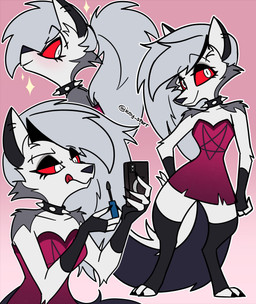 anthro clothed clothing collar dress female looking_at_viewer makeup solo sparkles spiked_collar spikes standing tongue tongue_out icey_(artist) hellaverse helluva_boss loona_(helluva_boss) absurd_res hi_res