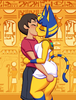 anthro big_butt blue_body blue_fur blue_hair bottomwear breasts brown_hair butt clothed clothing dress duo eyelashes eyes_closed female female_anthro female_on_human fur grey_bottomwear grey_clothing grey_pants hair human_on_anthro interspecies kissing love male male_human male_on_anthro markings pants red_clothing red_topwear romantic romantic_couple short_hair striped_markings striped_tail stripes tail tail_markings tan_body tan_skin thick_thighs topwear uraeus white_clothing white_dress wide_hips yellow_body yellow_fur lovetopullmicke animal_crossing ankha_zone nintendo ankha_(animal_crossing) villager_(animal_crossing) domestic_cat felid feline felis human mammal absurd_res hi_res