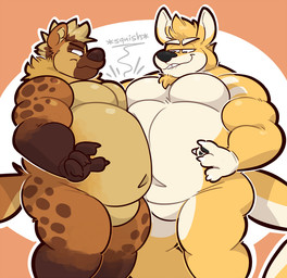 anthro belly belly_to_belly big_belly biped brown_body brown_fur claws duo facial_hair featureless_chest featureless_crotch floating_eyebrows fur goatee looking_at_another male male/male musclegut muscular muscular_arms navel nude overweight overweight_anthro overweight_male simple_background spots squish standing toony yellow_body yellow_fur wizzdono solaxe hyena kangaroo macropod mammal marsupial 2025