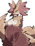 3:4 absurd_res anthro big_breasts breast_curtains breasts canid canine delphox female fingers fur generation_6_pokemon hi_res inner_ear_fluff mammal nintendo nyaswitchnya pokemon pokemon_(species) red_body red_fur simple_background solo tail tuft white_body white_fur yellow_body yellow_fur