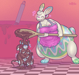 anthro apron bottom_heavy bowl breasts buckteeth candy chocolate clothing container cutlery dessert duo easter_egg expansion eyewear female food glasses heart_symbol holding_spoon holidays kitchen_utensils looking_up melted_chocolate nude overweight overweight_female pink_apron pink_clothing round_glasses size_difference smile spoon standing tail teeth thigh_expansion tools transformation wide_crotch keffotin easter food_creature lagomorph leporid mammal mouse murid murine rabbit rodent 2025 digital_media_(artwork) hi_res nonbinary_(lore)