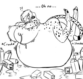 anthro belly big_belly big_breasts bodily_fluids breasts dialogue eggnog female huge_belly huge_breasts hyper hyper_belly hyper_breasts inflation interrobang lactating lying lying_on_self nipples nude on_front resting_on_belly solo sound_effects surprised text neon-b cheetah felid feline mammal english_text greyscale monochrome