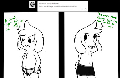 anthro ask_blog boxers_(clothing) briefs bulge clothing dialogue fur male solo standing text tighty_whities underwear user_avatar white_briefs white_clothing white_underwear young young_anthro young_male anonymous_artist tumblr undertale undertale_(series) anon asriel_dreemurr boss_monster_(undertale) bovid caprine mammal english_text hi_res