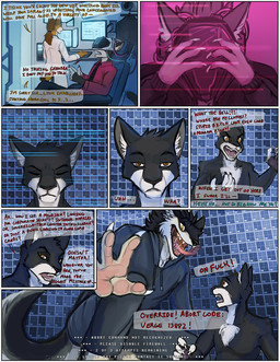 anthro black_body black_fur border brown_hair clothed clothing dialogue electronics eyes_closed female fur grey_border group hair head_tuft inside male monitor mouth_closed nude open_mouth orange_eyes speech_bubble text tuft white_body white_fur yellow_body yellow_fur acidic canid canine felid hybrid mammal sergal comic english_text hi_res