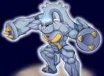 2015 abs alternate_color anthro biceps big_muscles biped bronzong fakemon fusion generation_3_pokemon generation_4_pokemon glowing hybrid male metagross muscular muscular_anthro muscular_male nintendo nude pecs pokemon pokemon_(species) pokemon_fusion red_eyes shiny_pokemon simple_background solo standing teeth waddledox