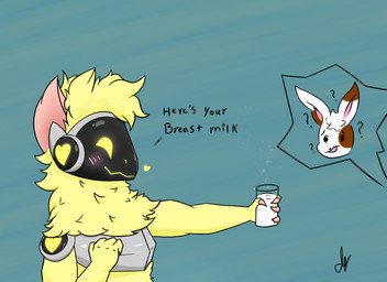 ambiguous_gender anthro blush bodily_fluids claws cum duo eman female fluffy fur genital_fluids hair machine male milk protogen_visor screen screen_face simple_background smile solo_focus text white_body white_fur yellow_body yellow_eyes yellow_fur ethangalaxy seiunichi lagomorph leporid mammal protogen rabbit english_text