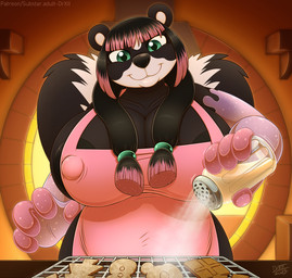 anthro apron apron_only areola baking big_breasts black_body black_fur breasts clothed clothing cookie cooking female food fur goo_limbs hair holidays huge_breasts kitchen mostly_nude multicolored_body nipple_outline smile solo tail thick_thighs white_body white_fur drxii christmas celeste_(nwazet) bear giant_panda hybrid mammal mephitid skunk digital_media_(artwork) hi_res