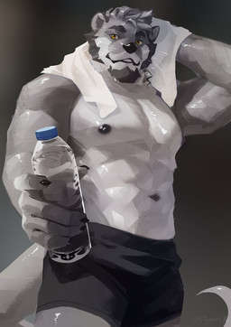 abs anthro beard biceps black_bottomwear black_clothing black_nipples black_shorts bottle bottomwear clothed clothing container deltoids exercise facial_hair goatee grey_background hand_on_head looking_at_viewer male muscular muscular_arms navel nipples offering_to_viewer pecs shorts shorts_only simple_background solo topless topwear towel towel_around_neck triceps water_bottle whiskers yellow_eyes itymnro mammal mustelid otter hi_res