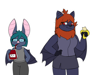 anthro banana blood blood_bag bodily_fluids clothed clothing drinking_straw duo eyewear female food fruit glasses plant standing pencil_bolt ratri_(pencil_bolt) sonarah_(pencil_bolt) bat hybrid leaf-nosed_bat mammal megabat microbat vampire_bat yangochiropteran hi_res