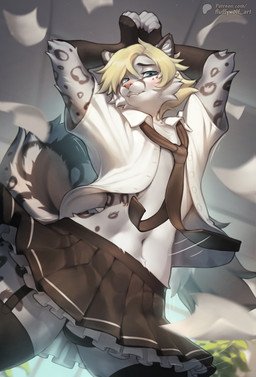 accessory anthro bottomwear clothed clothing clothing_lift femboy frostysnowpaw legwear maid_uniform male necktie office open_clothing open_shirt open_topwear raised_clothing raised_shirt raised_topwear shirt shirt_lift skirt smile solo stockings tail topwear uniform fluffyw0lf felid feline mammal pantherine snow_leopard hi_res