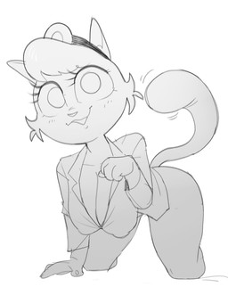 all_fours anthro big_breasts breasts cheek_tuft cleavage clothed clothing eyelashes facial_tuft female hair looking_at_viewer nipple_outline raised_tail shirt short_hair simple_background smile solo tail topwear tuft white_background dbaru kingdom_of_cats dr._kitty domestic_cat felid feline felis mammal 2026 monochrome sketch