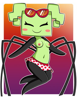 black_arms black_legs blush blush_stickers border bottomwear breasts clothed clothing collarbone eyelashes eyes_closed eyewear eyewear_on_head featureless_hands featureless_legs female female_humanoid glistening glistening_breasts gradient_background green_body green_breasts green_hair green_skin hair navel nipples not_furry outline pattern_bottomwear pattern_clothing pattern_swimwear pigtails pink_blush pink_nipples red_eyewear red_sunglasses simple_background small_breasts smile solo spots spotted_bottomwear spotted_clothing spotted_swimwear square_(anatomy) sunglasses sunglasses_on_head swimwear topless topless_female topless_humanoid white_border white_bottomwear white_clothing white_outline dreameclipsewolf mario_bros nintendo paper_mario mimi_(paper_mario) arachnid arthropod humanoid spider 2023 absurd_res digital_media_(artwork) hi_res shaded