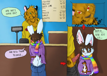 anthro blush borderless_panel color_coded color_coded_speech_bubble contextual_arrow dialogue directional_arrow duo erection genitals male onomatopoeia penis sequential_arrow sound_effects species_in_dialogue speech_bubble text three_frame_image unprofessional_behavior wide_arrow young young_anthro young_male citru felid lagomorph leporid mammal pantherine rabbit tiger comic english_text