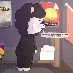 anthro bed bed_sheet bedding bedroom bedroom_eyes black_body black_fur blush blush_lines bodily_fluids butt curtains duo female fur furniture male narrowed_eyes open_mouth pillow poster seductive smile smiling_at_another sweat sweatdrop tail text white_body wool_(fur) yellow_body yellow_fur tinky mob_entertainment nightmare_critters poppy_playtime smiling_critters baba_chops_(poppy_playtime) dogday_(poppy_playtime) bovid canid canine canis caprine domestic_dog mammal sheep 1:1 english_text
