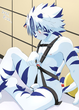 ankle_tuft anthro balls blue_body blue_ears blue_fur blue_hair blue_nose blue_stripes foreskin fur fur_tuft genitals hair harness leg_tuft looking_down male markings multicolored_body multicolored_ears multicolored_fur multicolored_hair nipples penis red_eyes sitting solo striped_body striped_fur striped_markings striped_tail stripes tail tail_markings tuft two_tone_body two_tone_ears two_tone_fur two_tone_hair two_tone_tail unretracted_foreskin white_body white_ears white_fur white_hair white_penis white_tail chirasgi onmyou_taisenki kogenta_(onmyou_taisenki) felid mammal pantherine tiger 2021 censored dated hi_res