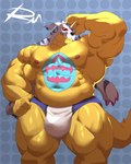 animal_skin anthro anthrofied belly big_muscles bulge clothing fur horn male musclegut muscular muscular_male navel nipples pecs red_eyes solo speedo striped_body striped_fur stripes swimwear yellow_body reclamon bandai_namco digimon digimon_(species) gabumon 4:5 hi_res