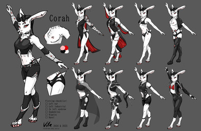 anthro antlers armor belt bikini bottomwear chest_tuft clothing crop_top ear_piercing eyebrow_piercing facial_piercing female fur gauntlets gloves handwear hooves horn industrial_piercing jacket leotard lip_piercing loincloth midriff navel navel_piercing nipple_piercing nipples outfit_reference outfit_sheet pasties pawpads paws piercing pink_nipples pink_pawpads pink_tongue red_eyes shirt shorts snakebite_piercing solo swimwear thong_straps tongue topwear tuft two-piece_swimsuit white_body white_fur corahlope mythology the_world_below corah jackalope lagomorph mammal 2025 absurd_res hi_res model_sheet