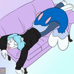 anthro barefoot blue_hair claws clothed clothing eyes_closed feet fur furniture hair lying male on_front pink_nose sofa solo tail tongue tongue_out white_body white_fur foxenawolf nintendo pokemon pause_(kztxl7) generation_7_pokemon pokemon_(species) primarina 1:1