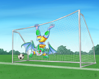 alternate_species anthro ball blue_body blue_fur blue_wings bottomwear clothing female forehead_gem fur gem midriff pink_nose scut_tail shirt short_tail shorts soccer_ball soccer_net solo tail topwear upside_down wings flinters beata_(beatadalhagen) bat mammal 5:4 hi_res