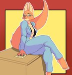 anthro barefoot bedroom_eyes breasts clothed clothing crossed_legs eyebrow_piercing eyewear facial_piercing feet female fluffy fluffy_tail fur glasses humanoid_feet jacket long_tail narrowed_eyes necktie open_clothing open_jacket open_topwear orange_body orange_fur piercing plantigrade seductive sitting solo suit tail topwear f_draws dreamworks the_bad_guys diane_foxington canid canine fox mammal 2023 hi_res