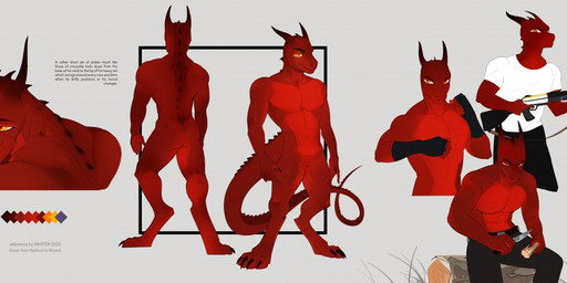 anthro black_claws butt claws clothed clothing color_swatch front_view grass grey_background gun holding_gun holding_knife holding_object holding_ranged_weapon holding_weapon horn knife log looking_at_viewer male mouth_closed muscular muscular_anthro muscular_male narrowed_eyes nude orange_eyes plant ranged_weapon rear_view red_body red_horn simple_background sitting solo standing text toe_claws topless weapon wood unknowhiter lizard reptile scalie 2020 english_text model_sheet