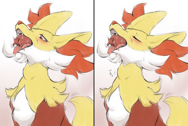 ambiguous_gender animal_genitalia animal_penis anthro balls big_ears black_lips blush bodily_fluids canine_penis delphox disembodied_penis eyes_closed fellatio genitals gradient_background ingi inner_ear_fluff knot knotting lips male male/ambiguous nintendo oral oral_knotting penile penis pokémon pokémon_(species) red_eyes saliva sex simple_background tongue tongue_out tuft video_games