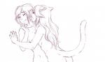 anthro breasts claws duo female female/female hair human_on_anthro human_to_anthro interspecies licking long_hair nude species_transformation tongue tongue_out transformation wall_pinned whiskers bakabakeneko domestic_cat felid feline felis human mammal line_art monochrome