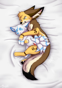 4_toes animal_genitalia animal_penis bared_teeth bed_sheet bedding bite blue_eyes bodily_fluids button_(fastener) button_eyes canine_genitalia canine_penis cheek_tuft clenched_teeth cross_pupils cum cumshot duo ear_bite ear_tuft ejaculation erection eyes_closed facial_tuft feet feral fluffy fluffy_tail fur fur_markings genital_fluids genitals inner_ear_fluff long_ears lying male male_feral markings masturbation multi_tail on_side pawpads penetration penile penile_masturbation penis plushie plushophilia soft_toy solo stitch_(sewing) stripes tail tattoo teeth toes toy tuft white_body white_fur white_inner_ear_fluff yellow_body yellow_fur miuyki etis kiry canid canine canis fennec_fox fox fox_spirit mammal true_fox absurd_res hi_res