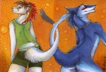 anthro blue_body blue_fur butt butt_pose collar duo feathers female fur looking_at_viewer male pose tail suane_lightfurr markus_(dowantanaccount) suane_(suane_lightfurr) alien mammal mustelid musteline sergal silvex stoat true_musteline weasel