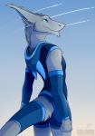 2016 anthro arm_warmers armwear blue_eyes blue_sky bottomwear clothed clothing colarix day digital_media_(artwork) fur furgonomics gradient_background grey_body grey_fur hi_res hoodie joona_(colarix) male outside pupils sergal shorts simple_background sky slit_pupils solo standing tail topwear