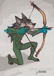 5_fingers animal_helmet anthro arrow_(weapon) black_nose bow_(weapon) feet fingers green_body green_skin grey_background holding_bow_(weapon) holding_object holding_ranged_weapon holding_weapon kneeling looking_forward male orange_eyes ranged_weapon simple_background skull_helmet solo text toes weapon wolf_helmet kardie goblin humanoid 2020 digital_media_(artwork) hi_res signature url