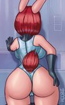 against_surface against_wall anthro big_breasts big_butt breasts butt clothed clothing female gloves hand_on_hip handwear latex leotard rear_view solo wide_hips zaboom lagomorph leporid mammal rabbit