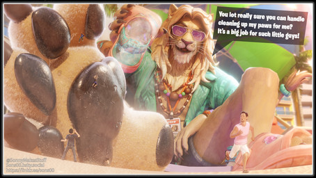 4_toes anthro beach bottomwear claws clothing dialogue dirty dirty_feet extreme_size_difference eyewear feet finger_claws foot_focus footwear fur heel_pad male male/male micro one_shoe_on pawpads plantigrade_pawpads shoes shorts sitting sitting_on_ground size_difference soles speech_bubble stuck_to_foot sunglasses tan_body tan_fur toe_claws toes sons-macro-arts epic_games fortnite kingston_(fortnite) felid lion mammal pantherine 2026 3d_(artwork) absurd_res digital_media_(artwork) english_description hi_res