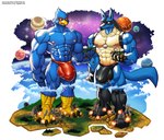 abs anthro blue_body blue_feathers blue_fur bulge city clothing death destruction duo explosion feathers fur genital_outline giga green_eyes macro male muscular muscular_male pecs planet red_eyes speedo spines swimwear wolfmalro nintendo pokemon star_fox falco_lombardi avian bird canid canine generation_4_pokemon lucario mammal pokemon_(species) hi_res