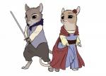 accessory barefoot brown_eyes clothed clothing dress duo feet female flower flower_in_hair hair hair_accessory male melee_weapon plant scarf simple_background sword weapon white_background novanocturne redwall laterose_of_noonvale martin_the_warrior mammal mouse murid murine rodent