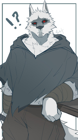 4_fingers anthro arm_support arm_tuft arm_wrapping arm_wraps bottomwear cheek_tuft chest_tuft cloak clothed clothing confusion ears_up facial_markings facial_tuft fingers fluffy frown fur fuzzy head_markings head_tuft interrobang leaning looking_at_viewer male markings mask_(marking) neck_tuft pants pointy_ears poncho pouting prick_ears red_eyes simple_background solo standing tail tuft white_background white_body white_fur wrapped_arms wraps nightwolf1225 dreamworks puss_in_boots_(franchise) death_(puss_in_boots) canid canine canis mammal wolf 4k 9:16 absurd_res hi_res