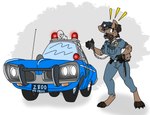 anthro car classic_car clothing digitigrade electronics female gun motor_vehicle necktie new_york_city police police_baton police_car police_hat police_uniform police_vehicle radio ranged_weapon solo surprised_expression toony_car uniform vehicle weapon florapupp sketchywolf-13 dodge_(brand) carmen_montoya hyena mammal spotted_hyena 2021 hi_res