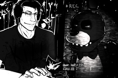 anthro bow_(feature) bow_tie dark duo eyewear glasses machine male eoki-san_(artist) five_nights_at_freddy's scottgames bonnie_(fnaf) markiplier animatronic human lagomorph leporid mammal rabbit robot 3:2 greyscale hi_res monochrome