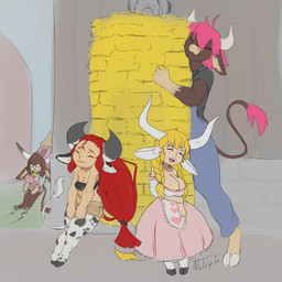 anthro big_breasts bite biting_lip biting_own_lip blonde_hair bovid_horn bovine_horn breasts brown_body brown_fur brown_hair brush cleavage clothed clothing cow_ears cow_horn cowbell_collar detailed_background dragging_another dress female fur group hair horn overalls pink_hair red_hair scratching_brush self_bite shortstack topwear tube_top notrip european_mythology greek_mythology mythology adhaze bianca_(bananon) coco_(ramudey) pepper_(notrip) animal_humanoid bovid bovid_humanoid bovine bovine_humanoid cattle cattle_humanoid humanoid mammal mammal_humanoid minotaur 1:1 hi_res sketch