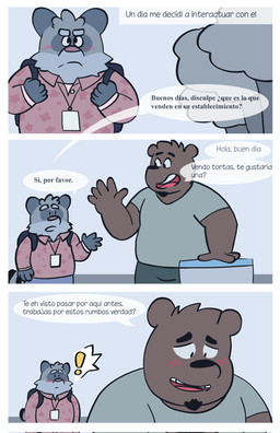 anthro black_nose blush bottomwear brown_body clothing dialogue dot_eyes duo exclamation_point humanoid_hands male outside pants plant shirt simple_eyes slightly_chubby text three_frame_image topwear tree luisalbertoguz bear mammal procyonid raccoon 2022 comic digital_media_(artwork) hi_res spanish_text translated