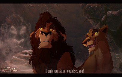 black_bars detailed_background duo female feral male open_mouth red_eyes smile teeth text tongue yellow_sclera x-zelfa disney the_lion_king ayshar zira_(the_lion_king) felid lion mammal pantherine 2015 digital_media_(artwork) english_text