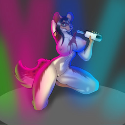 alcohol anthro beverage big_breasts black_hair bottle breasts brown_body container female genitals green_eyes hair lights nipple_dip nipple_piercing nipples piercing pink_nipples solo tail vulva wine foxgumie mammal 1:1 hi_res