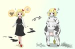 anthro before_and_after blonde_hair breasts female hair hooves horn human_to_anthro looking_at_viewer navel nipples nude overweight overweight_anthro red_eyes short_hair smile solo species_transformation standing tail teats transformation udders weight_gain axolotl_tf touhou rumia bovid bovine cattle human mammal 2024