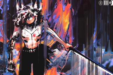 5_fingers angry anthro battle_damage biped blood bodily_fluids breasts clothed clothing cybernetic_arm cybernetic_limb cybernetics female female_anthro fingers fire front_view glowing glowing_eyes hair looking_at_viewer machine markings markings_on_body mechanical_arm melee_weapon multicolored_hair pasties robotic_arm scar small_breasts solo standing sword synthetic topless topless_female weapon enbunyary lussac cyborg robot_anthro absurd_res hi_res trans_(lore) trans_woman_(lore)