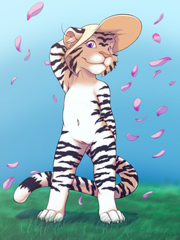 4_toes anthro black_stripes cheek_tuft clitoris clothing day facial_tuft feet female front_view fur genitals grass hat hat_only headgear headgear_only headwear headwear_only inner_ear_fluff looking_at_viewer mostly_nude navel nude outside petals plant purple_eyes solo standing stripes summer toes tuft vulva white_body white_fur wind young young_anthro young_female sogaroth felid mammal pantherine tiger absurd_res hi_res