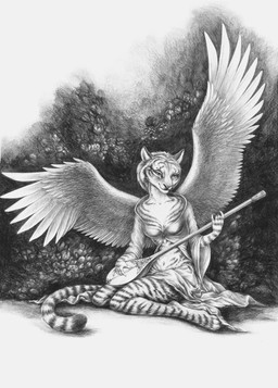 5_fingers anthro barefoot biped breasts clothed clothing feathered_wings feathers feet female fingers fur lute musical_instrument playing_music plucked_string_instrument sitting smile solo string_instrument striped_body striped_fur stripes wings elkir felid mammal pantherine tiger 2019 absurd_res hi_res monochrome traditional_media_(artwork)
