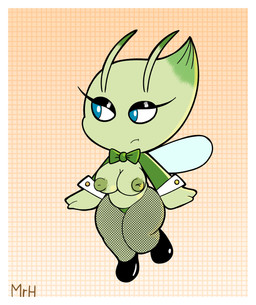 big_breasts blue_eyes border breasts clothed clothing costume female fishnet_clothing fishnet_legwear inverted_nipples legwear nipples reverse_bunny_costume shortstack solo thick_thighs white_border wings mr_harinezumi nintendo pokemon celebi generation_2_pokemon humanoid legendary_pokemon pokemon_(species) absurd_res hi_res