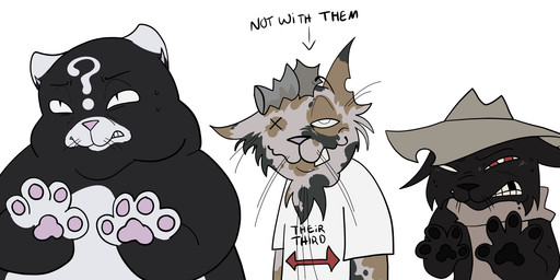 anthro group polyamory shitpost standing trio stippledipped mewgenics gambit_(mewgenics) trampy_(mewgenics) zodiac_(mewgenics) hi_res meme